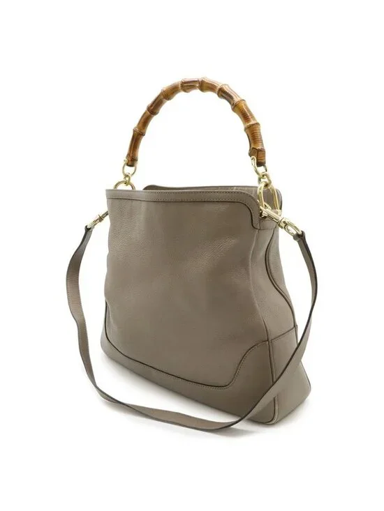 Gucci Bamboo 2-Way Shoulder Bag Crossbody Leather Grey Gold - Picture 2 of 9